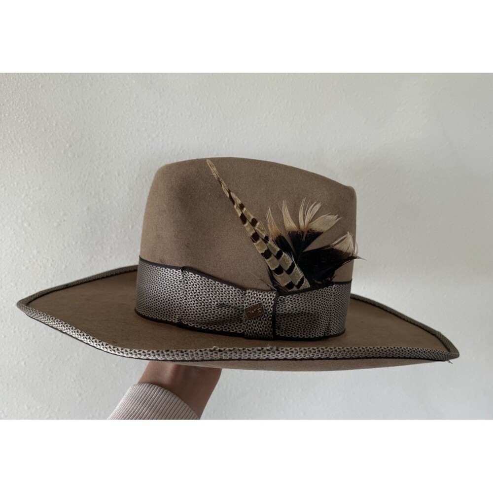Vintage Vtg Bailey New West Brown Felt Size 7 Cowboy Western Hat Band Feather